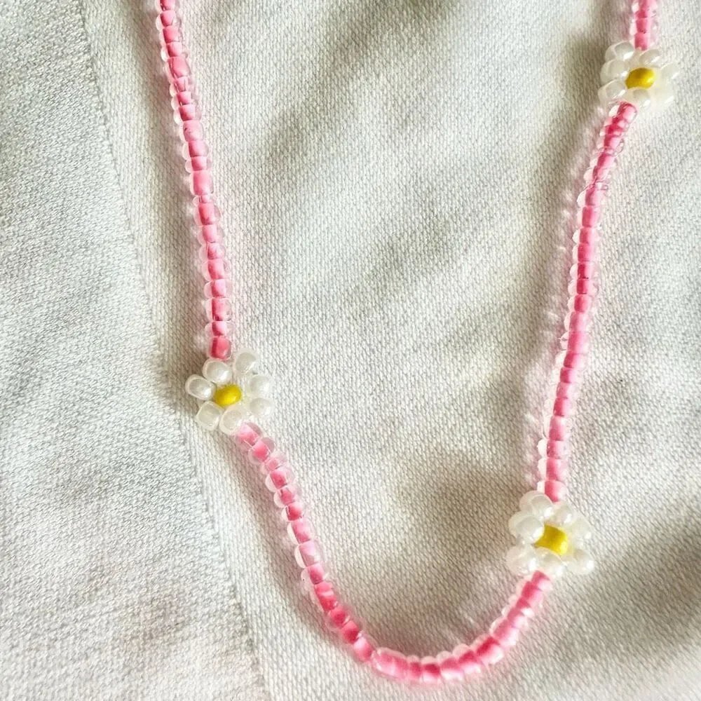 Pink color beaded Daisy chain necklace